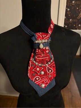 Red Bandana-Pattern women’s or Men's Tie with Denim Trim and Pearl Accents